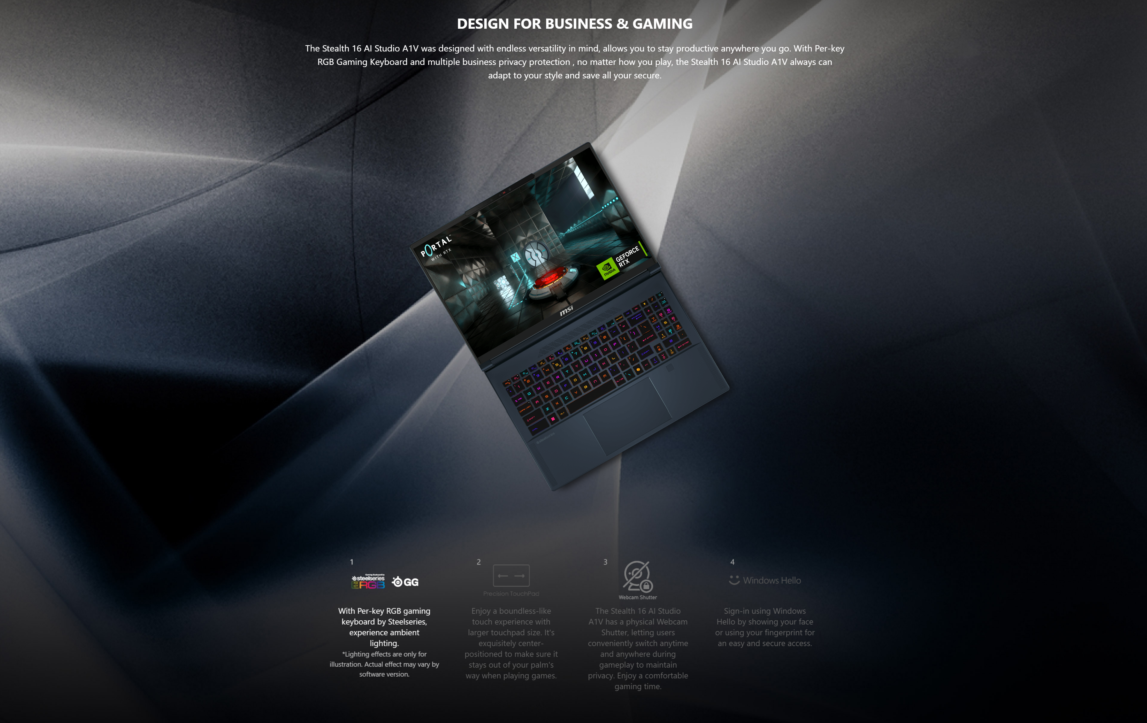 A large marketing image providing additional information about the product MSI Stealth 16 AI Studio (A1V) - 16" 120Hz, Core Ultra 9, RTX 4080, 32GB/2TB - Win 11 Gaming Notebook - Additional alt info not provided